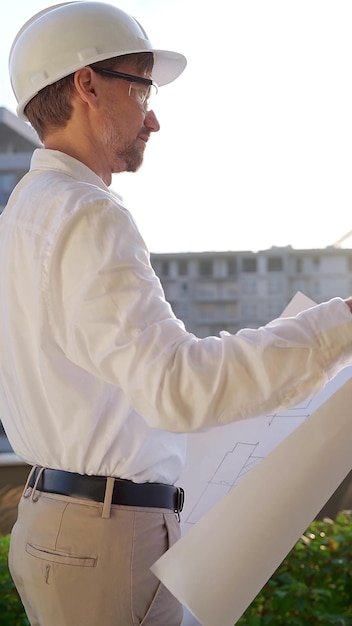 O gerente do local de construção usando capacetes e óculos de segurança está segurando planos e inspecionando um local de construção durante o nascer ou o pôr do sol.