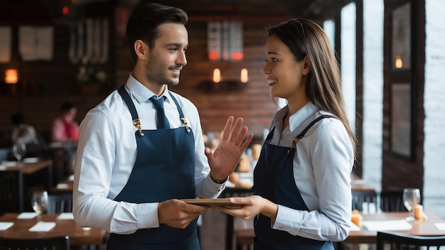 O gerente do restaurante está a avaliar o trabalho da empregada de mesa.