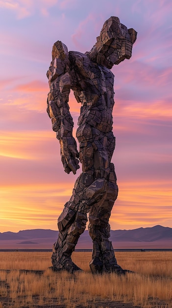 O gigante do Despertar emergindo da terra um jogo dramático de formas e paisagens ao nascer do sol