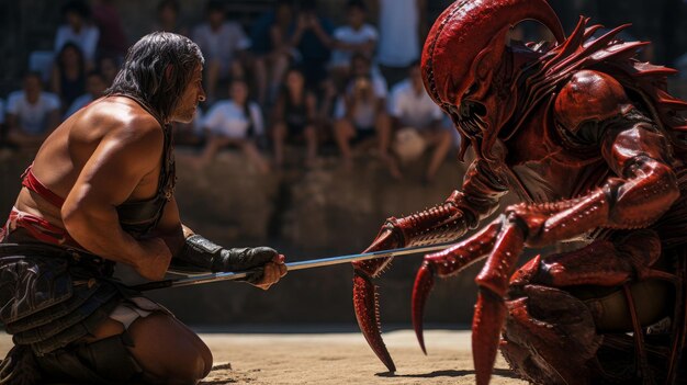 Foto o gladiador retiarius confronta um oponente fortemente blindado