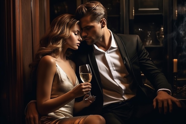 Foto o glamour desencadeado um casal requintado a deliciar-se com champanhe e decoração de moda numa residência luxuosa
