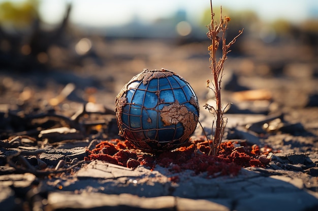 Foto o globo terrestre em uma superfície árida e rachada