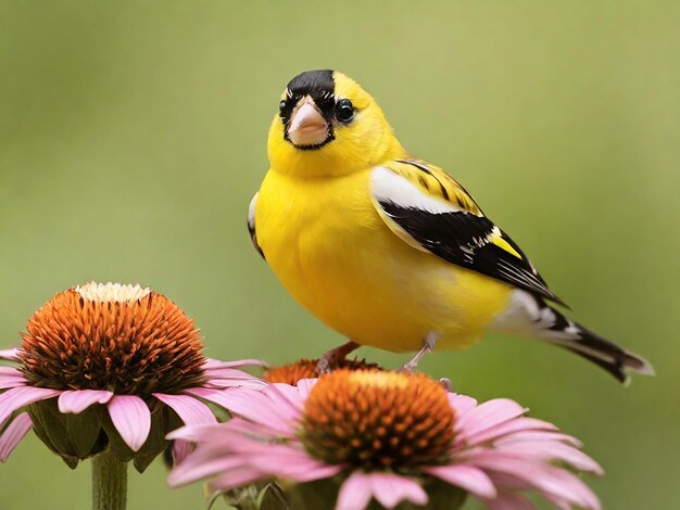 O goldfinch empoleirado em uma coneflower