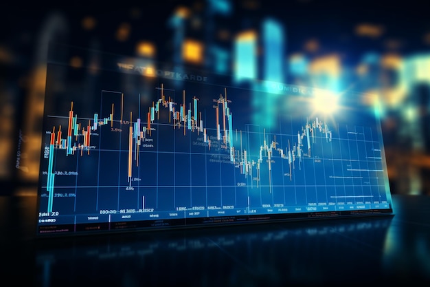 O gráfico azul do mercado brilha na grelha de fundo tecnológico, melhorando visualmente a precisão dos dados