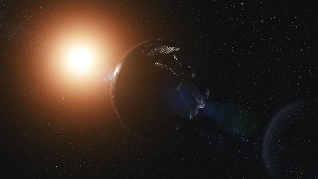 O gráfico de movimento do planeta Terra com elementos branco marrom azulado orbita no sol laranja com eclipse de halo em