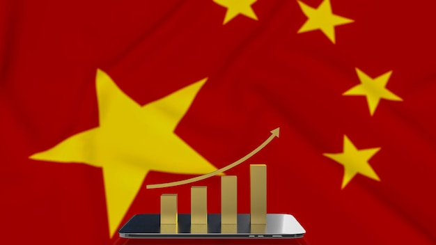 O gráfico de negócios de ouro e tablet na renderização 3d de fundo de bandeira chinesa