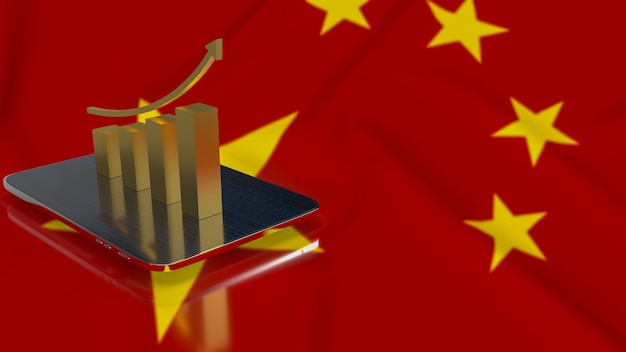 O gráfico de negócios de ouro e tablet na renderização 3d de fundo de bandeira chinesa