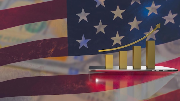O gráfico de negócios de ouro e tablet na renderização 3d de fundo de bandeira da América