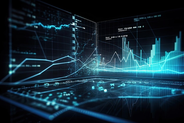 O gráfico financeiro e o gráfico na tela virtual representam a análise do mercado de ações Gráficos financeiros, linhas brilhantes e diagramas na tela digital Gerados por IA