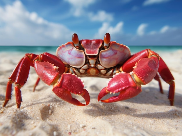 O grande caranguejo vermelho sentado na areia na costa do oceano