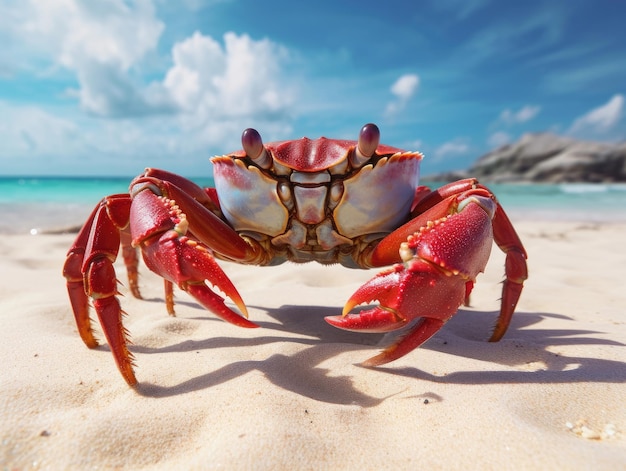 O grande caranguejo vermelho sentado na areia na costa do oceano