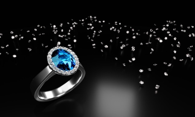 Foto o grande diamante oval azul é cercado por muitos diamantes no anel feito de ouro platina colocado em um fundo branco renderização 3d