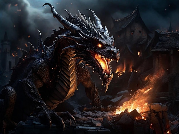 Foto o grande dragão de fogo preto destruiu a cidade.