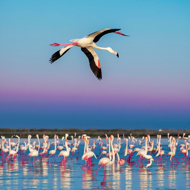 O grande flamingo phoenicopterus roseus voando no céu em Camargue, França