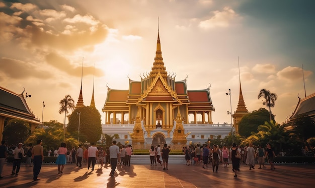 O Grande Palácio e o Wat Phra Kaew brilham no pôr-do-sol asiático Um marco em Banguecoque, na Tailândia