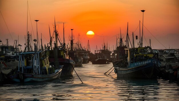 Foto o grande porto de pesca cheio de barcos e arrastões.