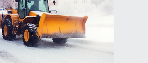 O grande trator laranja limpa a neve da estrada e a carrega no caminhão Limpeza