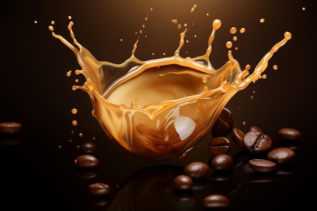 O grão de café cai no café líquido quente gerado pela IA
