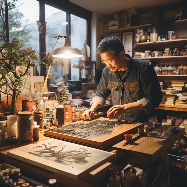 Foto o gravador japonês de gravuras em madeira cria ukiyoe prim ai generative