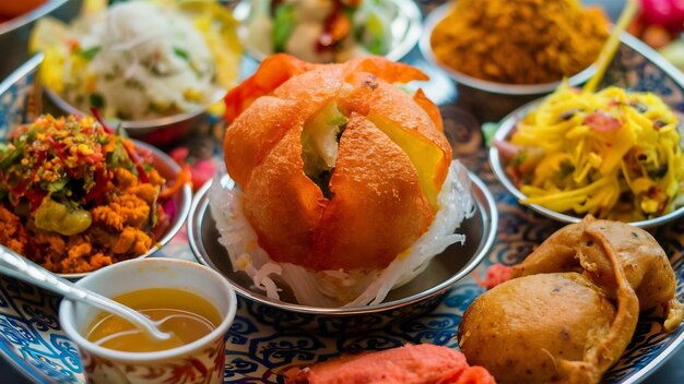 Foto o grupo de comida de chat de bombaim inclui golgappa ou panipuri bhel puri sev poori dahipuri ragda patt