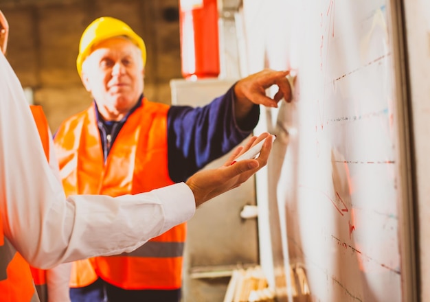 O grupo de engenheiros em roupas de trabalho está ao lado do flip-chat e faz um plano