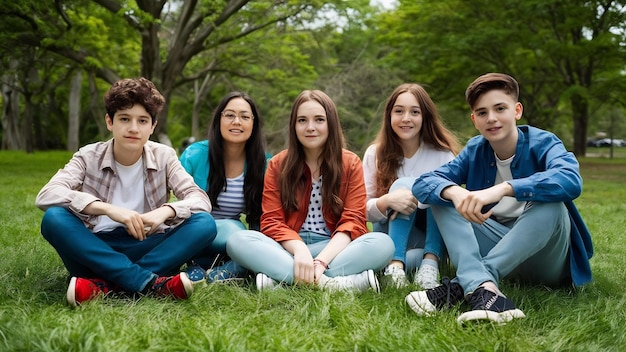 O grupo de meninos e meninas adolescentes sentados na grama verde no parque