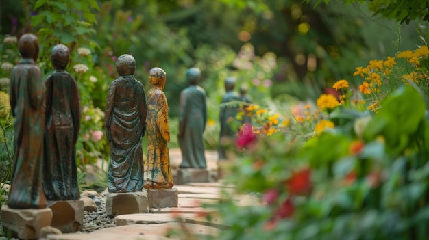 O grupo diversificado de figuras espalhadas pelo jardim viram todas as costas para a câmara unidas.