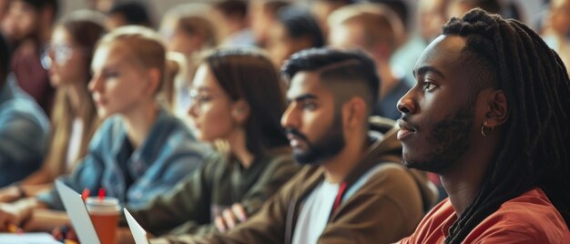 Foto o grupo multiétnico de estudantes trabalha em laptops enquanto ouvem a palestra em uma sala de aula moderna jovens brilhantes estudam na universidade