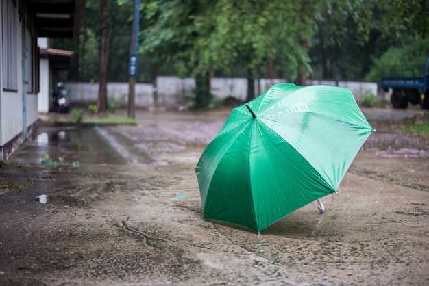 O guarda-chuva colocado na chuva.