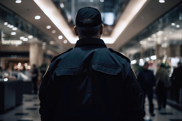 O guarda de segurança em preto fica de costas para a IA generativa de shopping center desfocada