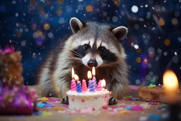 O guaxinim senta-se em frente a um bolo de aniversário adornado com velas em seu dia especial gerado pela IA