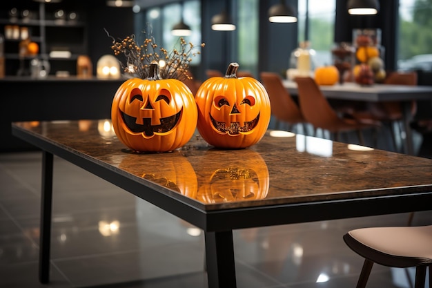 Foto o halloween é um feriado tradicional divertido design de interiores com abóbora em cores laranja feitiçaria