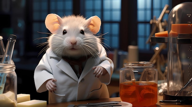 O hamster no casaco de laboratório de um cientista