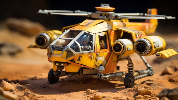 o helicóptero blindado amarelo e preto fica no chão, exibindo um estilo extravagante de ficção científica. esta miniatura detalhada é capturada usando uma técnica de foco suave com a lente rodenstock imagon 300mm f58