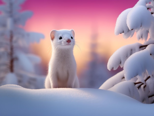 O herói mustela erminea na neve no inverno