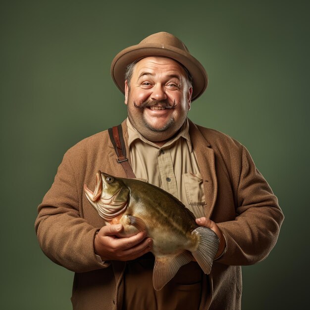 Foto o hilariante hiperrealismo uma pose épica de um pescador bávaro em tela castanha simples