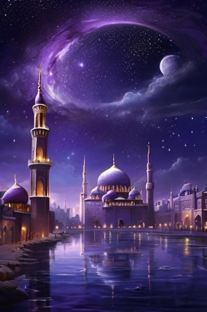 O hipnotizante céu noturno do crescente do Ramadão refletindo-se na água em meio à paisagem urbana