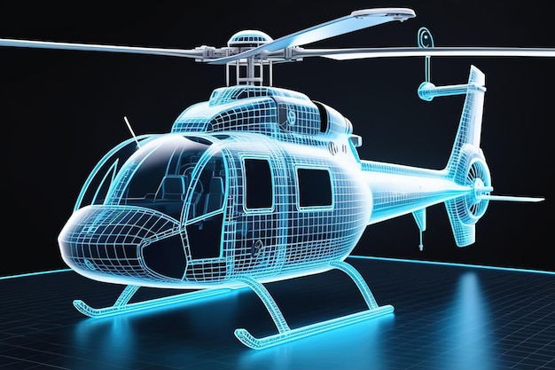 O holograma azul do quadro de fio da Simulação de Conceito de Helicóptero do Futuro e a tecnologia de ligação gerada