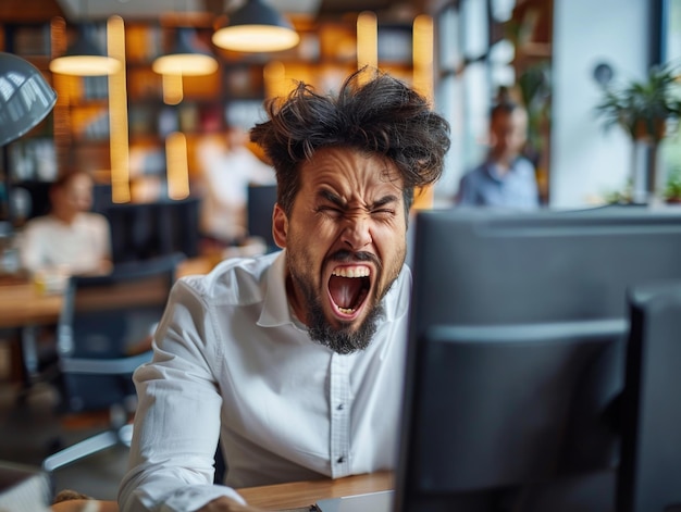 Foto o homem a gritar com o computador no escritório.