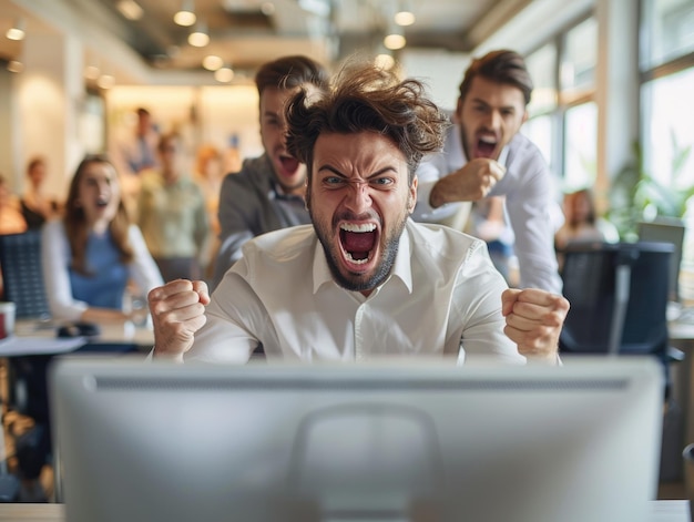 O homem a gritar com o computador no escritório.