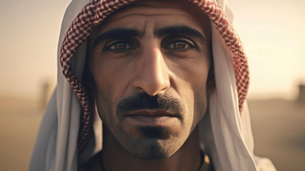O homem árabe mostra sua rica herança cultural através de seu traje tradicional, representando a diversidade e a vibração do mundo árabe gerada pela IA