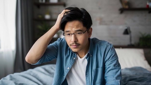 O homem asiático está preocupado com o problema da perda de cabelo na cama em casa.