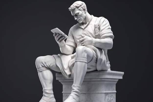O homem atlético está usando sua ilustração 3d do estilo da estátua de mármore do império romano do smartphone