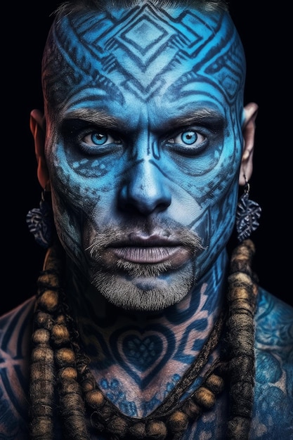 O homem azul com a tatuagem azul