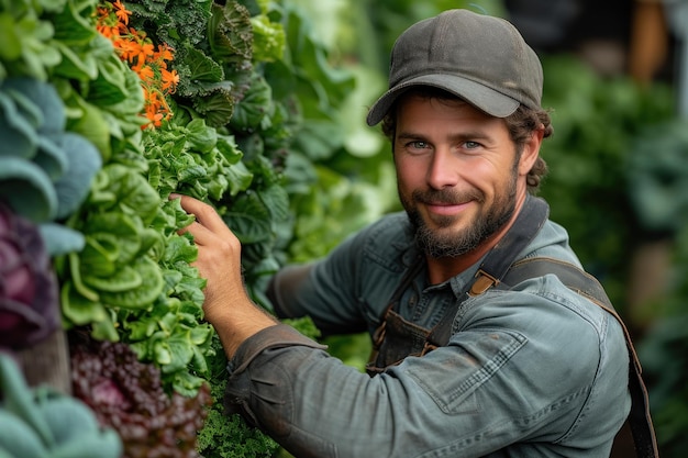 O homem da colheita fresca abraçando a boa boaça da salada