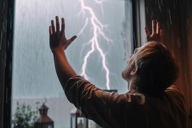 O homem da imortalidade estica os braços durante uma tempestade elétrica generativa ai