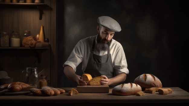 O homem de avental segura um pão na mesa da cozinha Generative AI AIG21