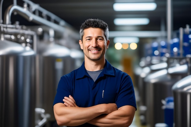 O homem de camisa azul está de pé na sala de IA generativa