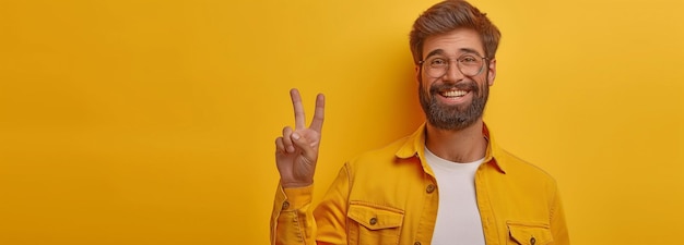 O homem de cerdas na camisa está sorrindo e gesticulando com o telefone