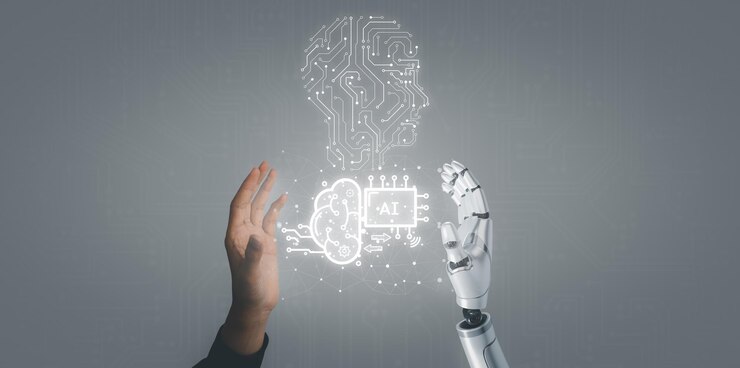 Foto o homem de negócios e a mão do robô tocam a tela digital do ícone de ia conceito de inteligência artificial big data ciência inovação tecnologia computação em nuvem futurista comunicação de rede de internet